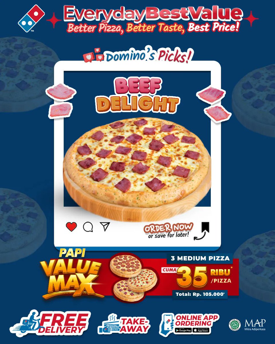 dominos_id's tweet photo. #tuesdaypick BEEF DELIGHT PIZZA!!
Pizza hangat dengan topping potongan daging berpadu saos khas @dominos_id dan Keju Mozarella pastinya. Rasanya yang simple malah bikin nagih #call 1500366 #orderonline https://t.co/Oy9vosyy8Y https://t.co/680e766WBm