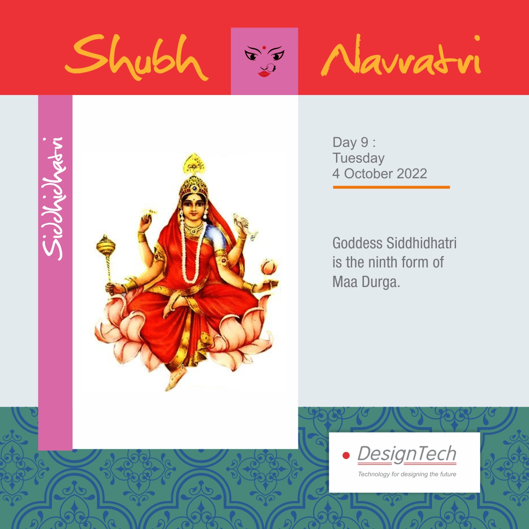 DesignTechSys's tweet photo. HAPPY NAVRATRI !!!
DAY 9 (Maha Navami): The ninth day of Navratri is dedicated to the ninth form of Goddess Durga- Maa Siddhidatri.
#HappyNavratri #Navratri #Navratri2022 #MaaSiddhidatri  #DesignTechSys https://t.co/zmJA7Kqqj2