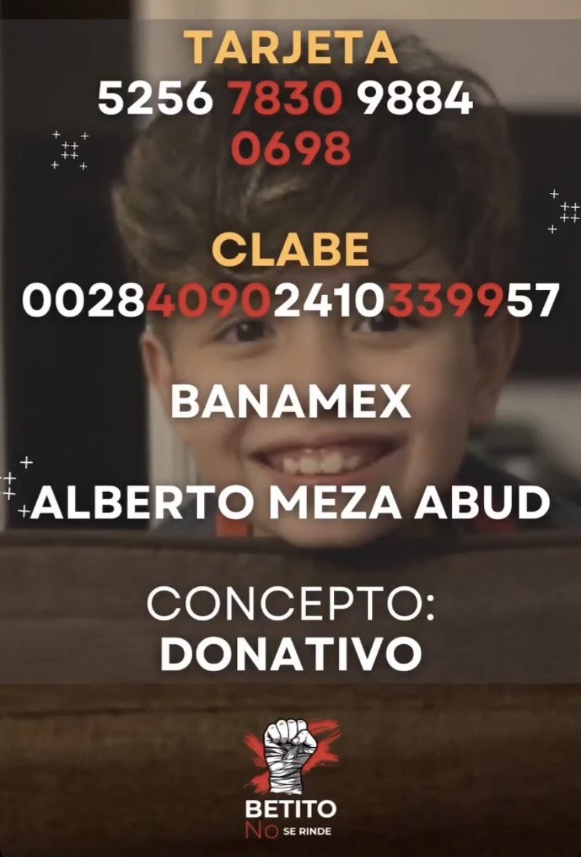 Cuando alguien tiene cáncer, la familia entera y todo el que le ama también.

En estos momentos la ayuda de todos y todas hará el milagro, ¡sumemos esfuerzos y voluntades por la salud de Betito! 

#BetitoMezaNoSeRinde #UnidosPorBetito #OctubreMesRosa🎀