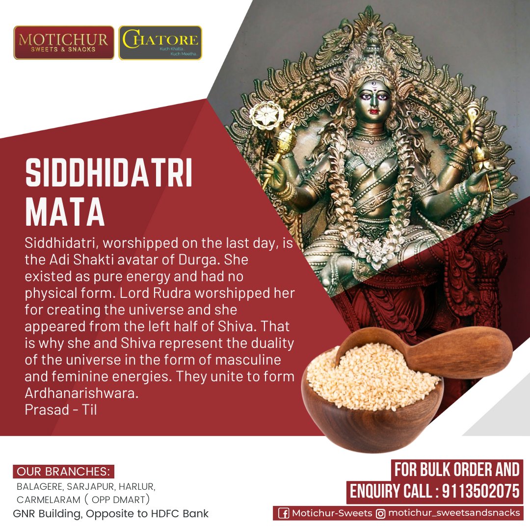 The 9th day of Navratri which is also called Maha Navami observes the worship of Goddess Siddhidatri.
+91 72049 04947
Our Branches: Balagere || Harlur || Carmelaram ( Opp Dmart) || Cambengalli || Carmeleram ( Dodda- Kannelli )
motichursweets.com
#navratrifestival #art #hindu