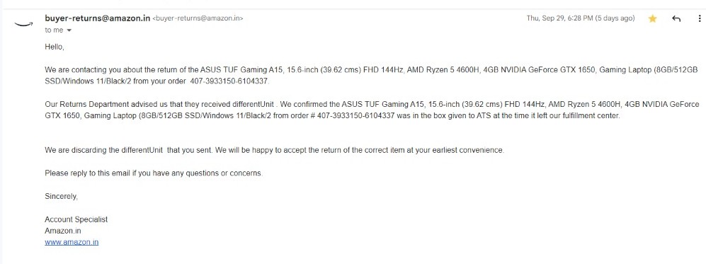 rajberrypie's tweet photo. NEVER BUY A LAPTOP FROM @amazonIN
My brother bought a Rs54,000 laptop on EMI. He received a defective piece, and placed a return request immediately.
Return was picked up, but after 2 weeks amazon sent an email saying they received the wrong item and won't process the refund. RT! https://t.co/AX2EUNtgE6