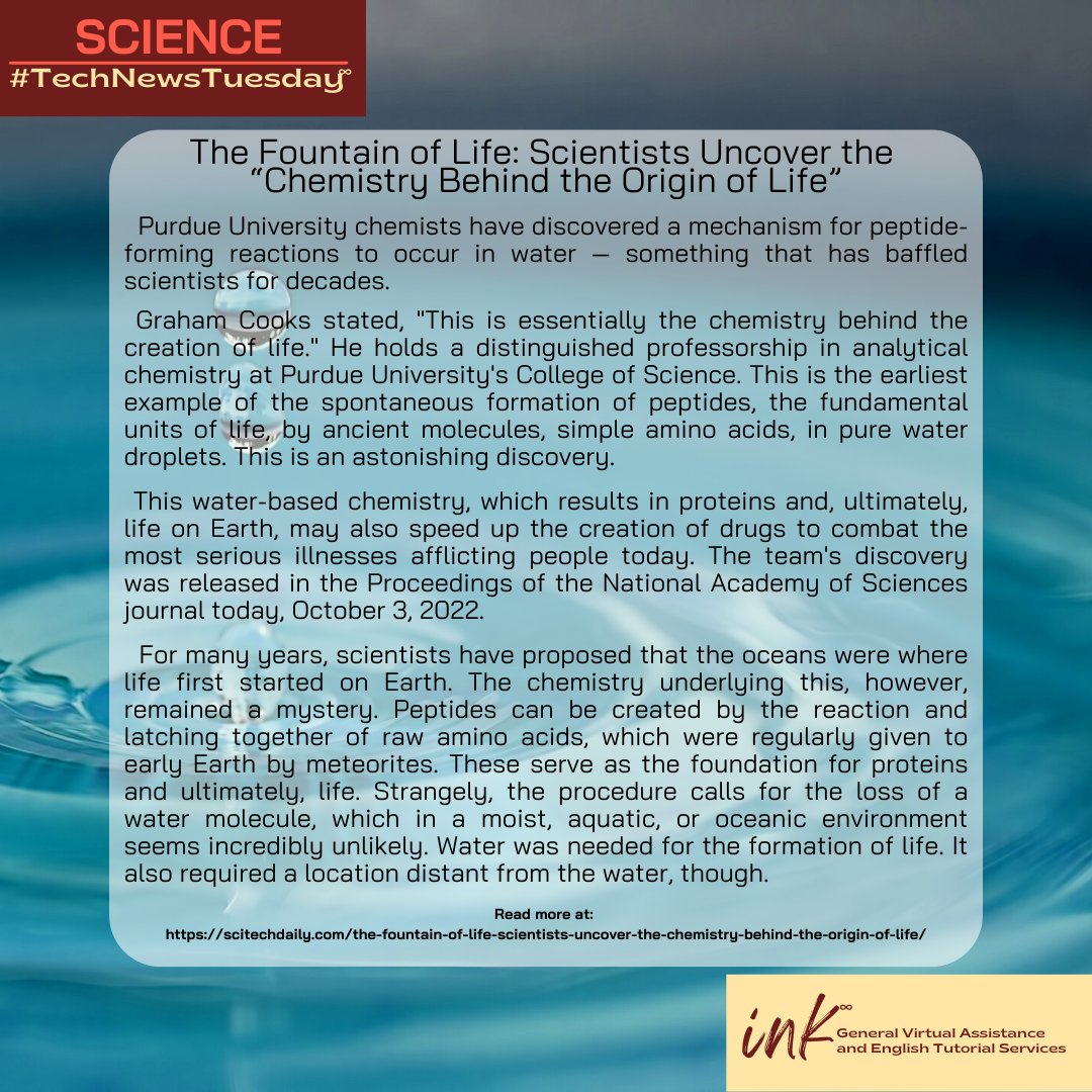 #TechNewsTuesday #TheFountainofLife #TheOriginofLife #InkGeneralVirtualAssistanceAndEnglishTutorialServices #VirtualAssistance 
Read more at: 
scitechdaily.com/the-fountain-o…