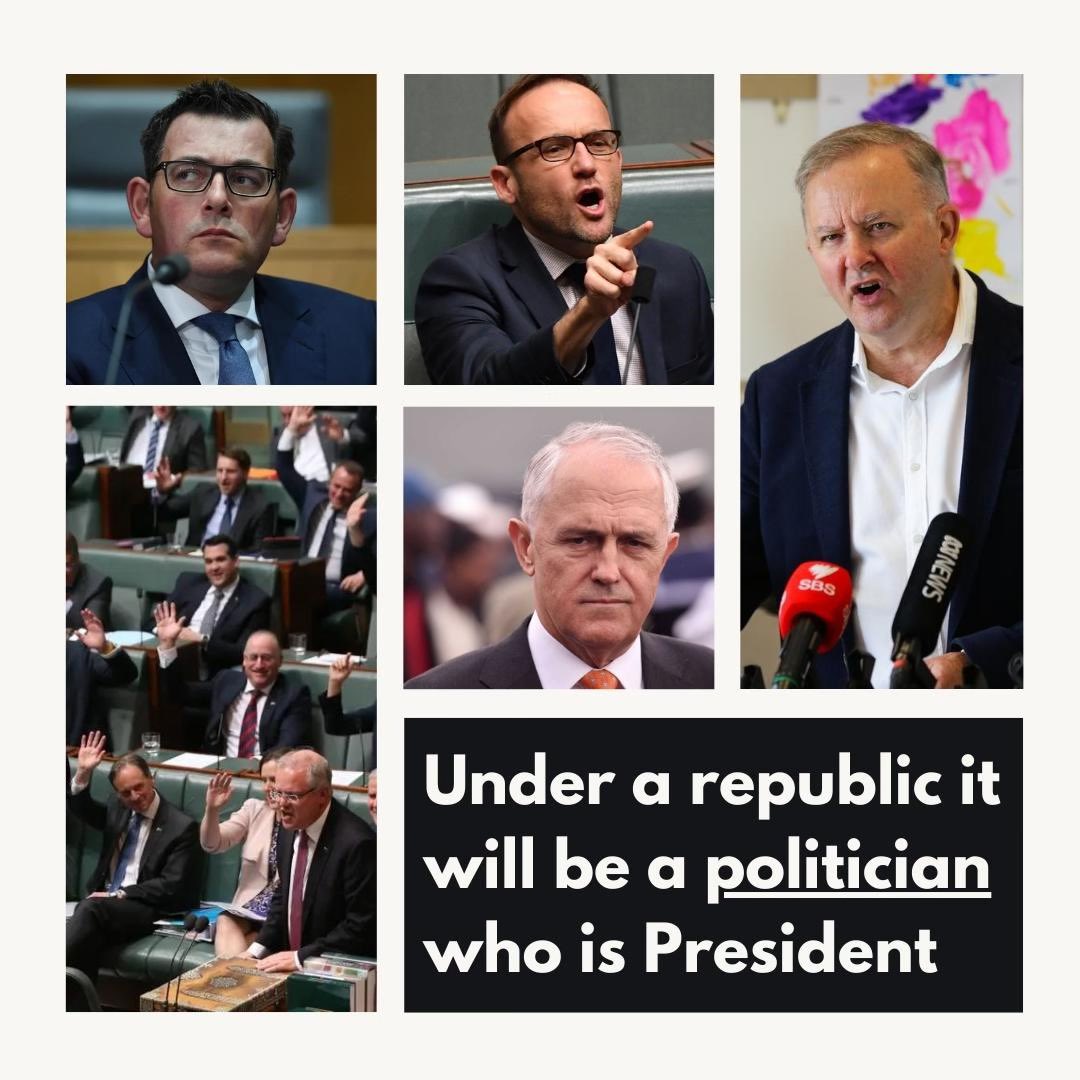 Austmonarchist's tweet photo. ๐Under a #republic it will be a politician who is President! ๐บ๐ธ๐ต
Stop the #PoliticiansRepublic by becoming a member today!
SIGN UP: https://t.co/hkyMwgAuFT
#VoteNoRepublic #NoRepublic #auspol #AusRepublic #continuity #Australia #australianchoice #monarchy #stability https://t.co/MUJojMNL9y