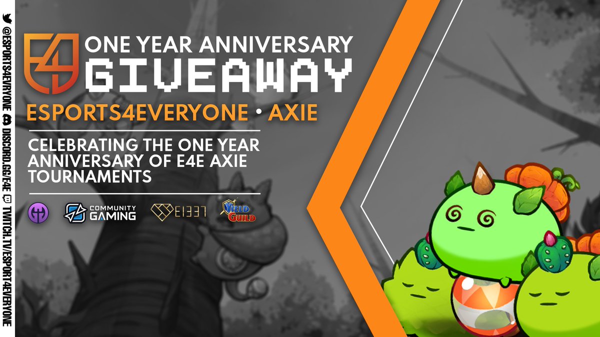 🎁 AXIE GIVEAWAY 🎁

To celebrate 1 year of E4E Axie Tournaments, we are giving away a team of 'naked' axies, perfect for use in E4E tournaments! 😉

To enter:

✅Follow @Esports4Evryone 
✅Retweet this post
✅Tag 5 friends!

Winner announced on Friday, 07/10/22 🥳
