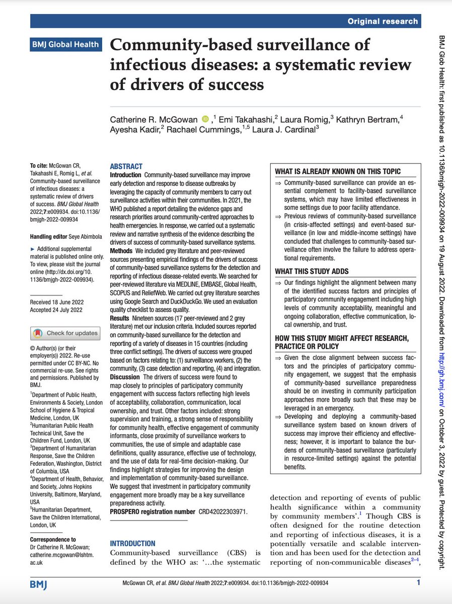 GlobalHealthBMJ's tweet image. New systematic review on community-based disease surveillance:

“[Surveillance] preparedness is more likely to be both successful and sustainable within communities that are actively engaged in designing and implementing ... public health solutions”

➡️ gh.bmj.com/content/7/8/e0…
