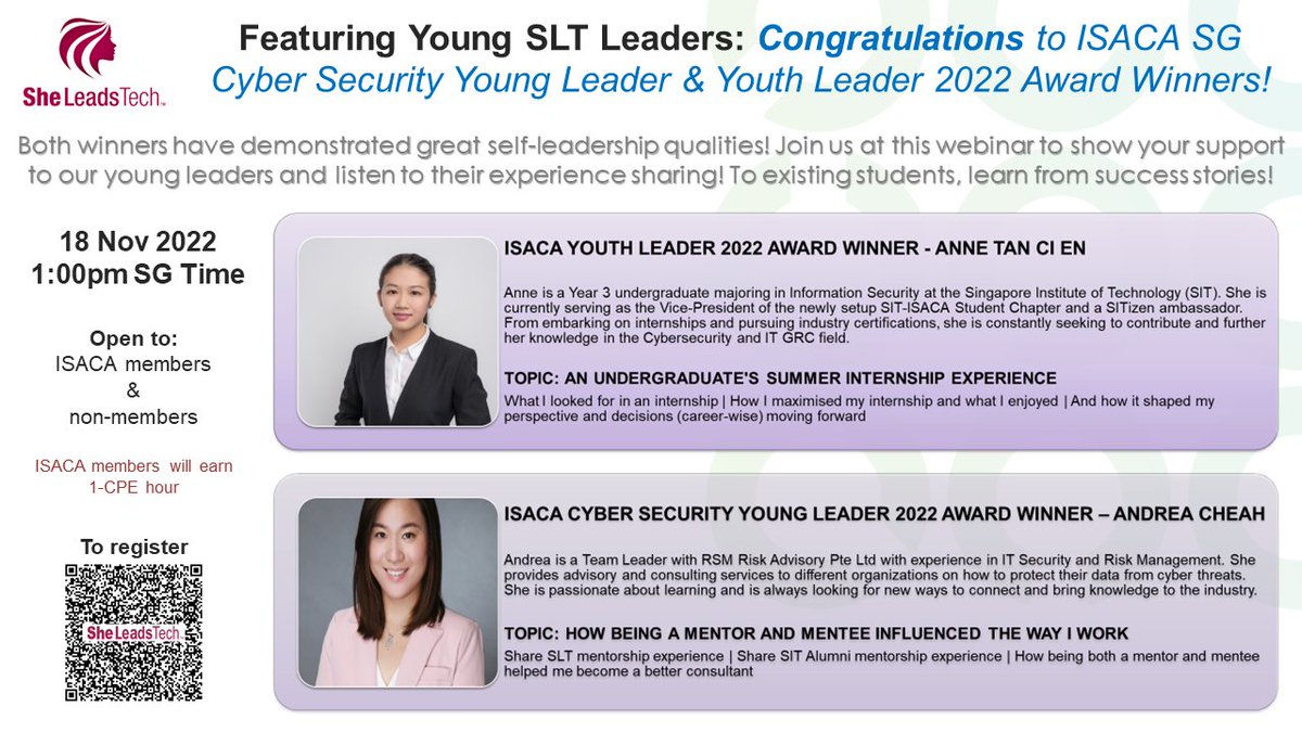 ISACA Singapore (@isacasg) on Twitter photo SLT Seminar : Featuring Young SLT Leaders : ISACA SG Cyber Security Young Leader & Youth Leader 2022 Award Winners
Date : 18 November 2022
Time : 1pm SG Time
Please come and join us .  Register via the following link ow.ly/i0fa50L0s6B SLT Seminar : Featuring Young SLT Leaders : ISACA SG Cyber Security Young Leader & Youth Leader 2022 Award Winners
Date : 18 November 2022
Time : 1pm SG Time
Please come and join us .  Register via the following link ow.ly/i0fa50L0s6B