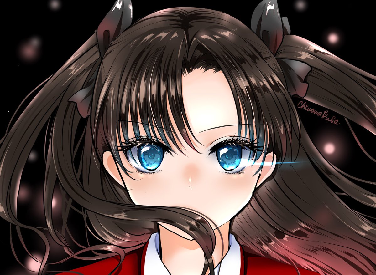 tohsaka rin 1girl solo blue eyes long hair looking at viewer two side up floating hair  illustration images