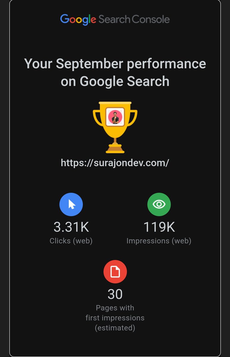 surajondev's tweet photo. My website, https://t.co/5NNgTv4db8, has gathered more than 100K impression for the last month⚡🔥
When compared to previous month, it has increased by almost 30%📈
#100daysofcode #DEVCommunity #react #blogging #technicalwriting #javascript #eebdev #webdesign #css https://t.co/lPVCO0T5JB