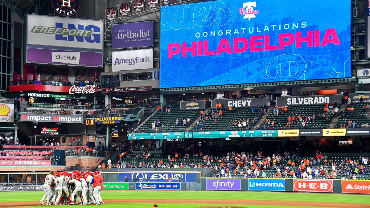 MLB's tweet photo. The @Phillies clinched on the road, so they brought the party to Houston. https://t.co/K9n5gd66T9