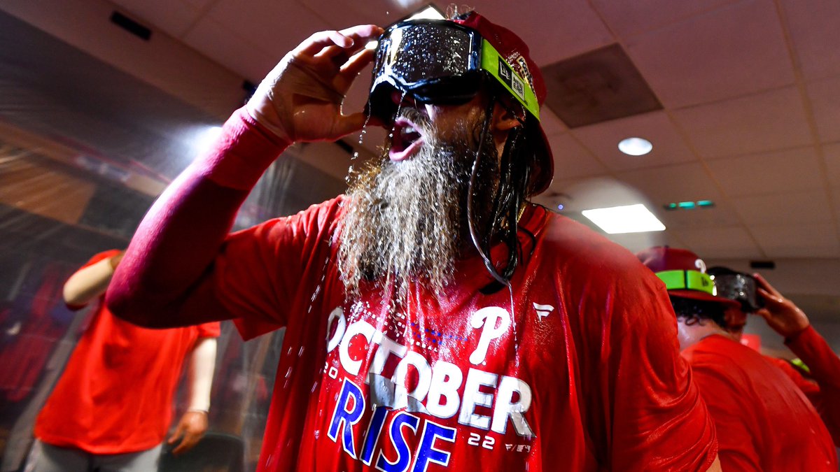 MLB's tweet photo. The @Phillies clinched on the road, so they brought the party to Houston. https://t.co/K9n5gd66T9