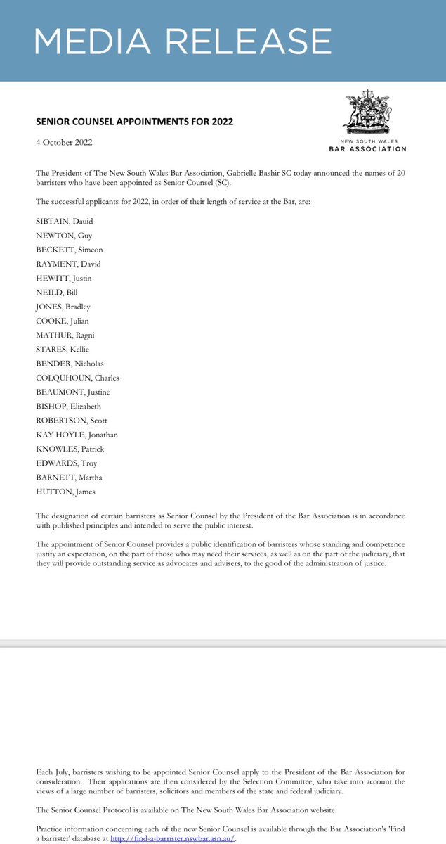 ⚖️ Huge congratulations to all 20 new Senior Counsel announced by the <a href="/NSWBarPresident/">NSW Bar President</a> today. 👏 

#ServantsOfAllYetOfNone <a href="/NSWBar/">NSW Bar Association</a>