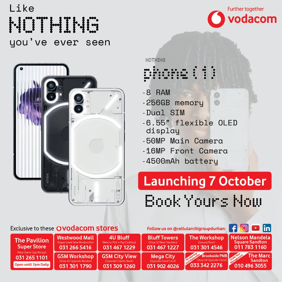 CellCiti_Group's tweet photo. Meet Phone (1).
It's pure instinct. Formed as a machine. Told through beautiful symbols. Deeper interactions. And brave simplicity. Be the first to get your hands on this one-of-a-kind phone.
#Nothing #NothingTech #Phone1 #Ear1 #SoundofChange #Android #Smartphone #Vodacom https://t.co/aKmc8WQkke