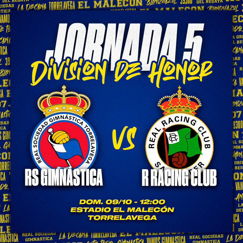 RSGimnastica's tweet photo. 🔜 Este fin de semana se disputar el primer derbi del curso en El Malecón

⚔️ Nuestros chicos de #DivisionDeHonor reciben al @realracingclub 

🗓️ Domingo 09/10
⏰ 12:00

🎟️ Ya puedes adquirir tu entrada por 8 euros en @Cluber_App ▶️ https://t.co/WIYiDjwpQG

#AnteTodoGimnastica https://t.co/WonMs9Cmf7
