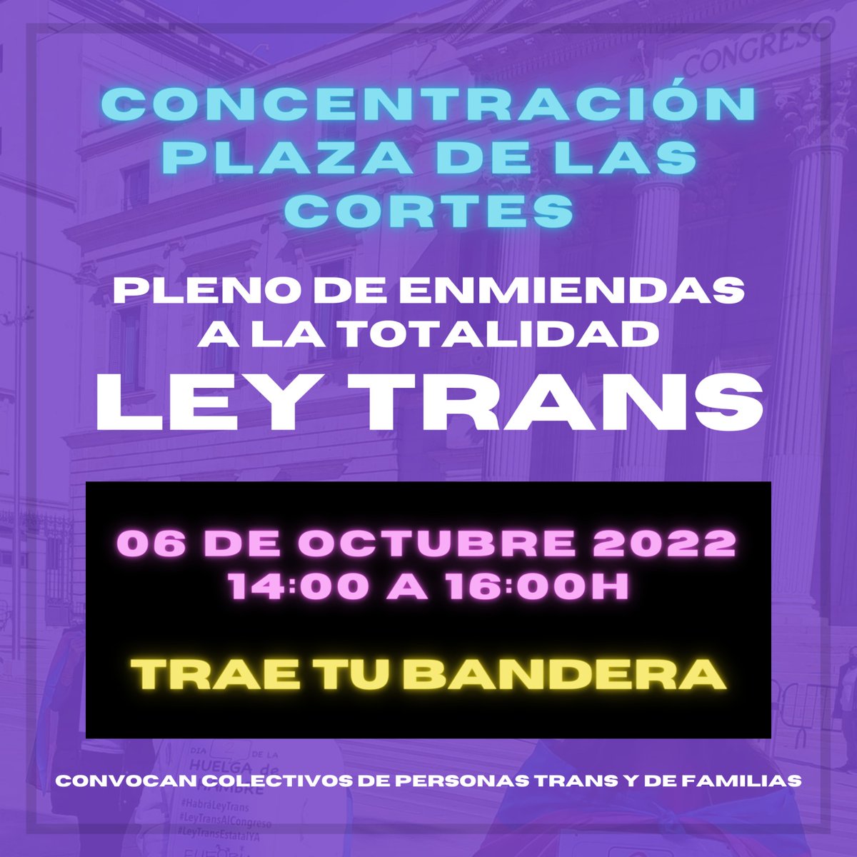 inclusosLGTBI's tweet photo. 🔴Colectivos de personas trans y de familias convocamos concentración en contra de las enmiendas a la totalidad y en apoyo a la #LeyTrans Nuestrans vidas importan y necesitamos una #LeyTransEstatalYa. Traed vuestras banderas 🏳️⚧️ #HabraLeyTrans https://t.co/pqqFR67zTM
