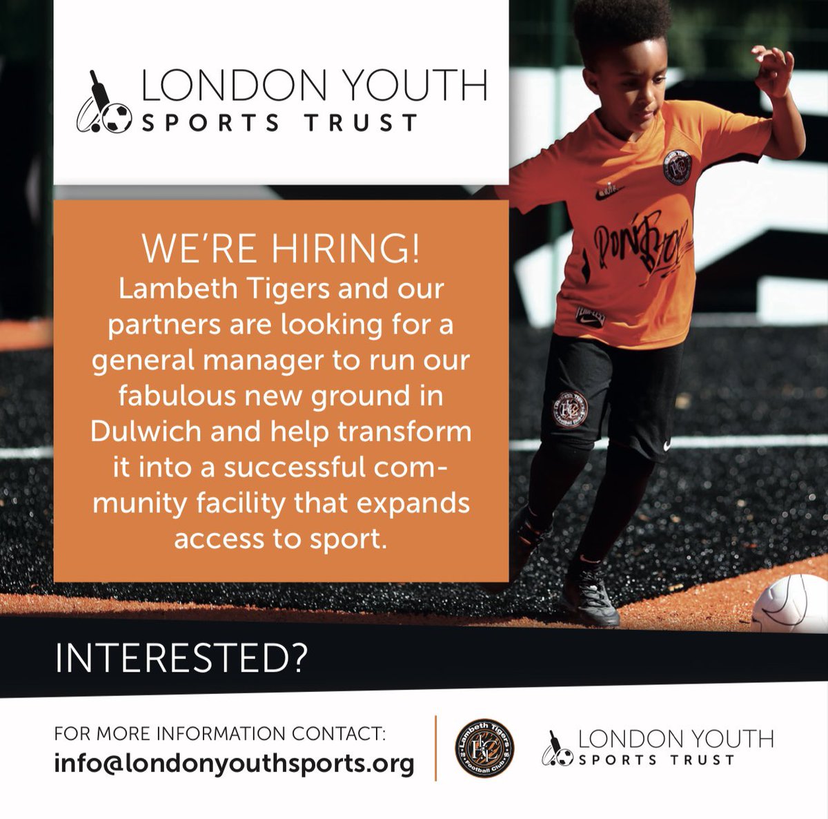 lambethtigersfc's tweet photo. WE'RE HIRING!

Lambeth Tigers and our partners are looking for a general manager to run our
fabulous new ground in Dulwich and help transform it into a successful community facility that expands
access to sport.

https://t.co/ENadbblw0d https://t.co/8KOwehLSzx