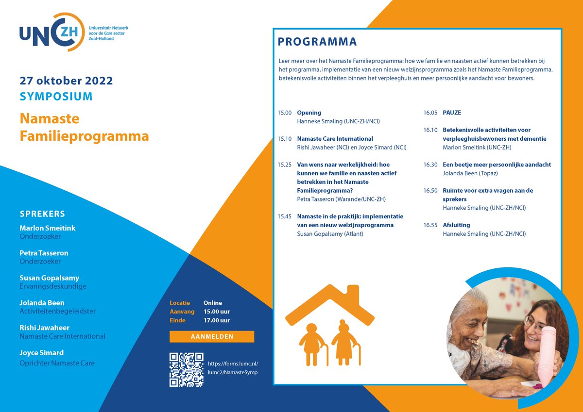 Een beetje persoonlijke aandacht!

Ben jij erbij? Maak kennis met het Namaste Familieprogramma tijdens het online symposium op 27 oktober 2022. Met meer informatie over het betrekken van familie en naasten en persoonlijke aandacht.

Schrijf je hier in: forms.lumc.nl/lumc2/NamasteS…