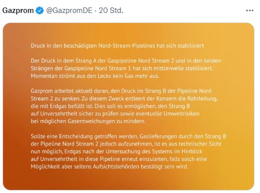 Was für ein „Zufall“: 1 Strang von #NordStream2 nicht von Sabotage betroffen und #Russland bietet an, hierdurch Gas zu liefern. Wird nicht lange dauern, bis sich Stimmen in 🇩🇪 regen, die genau das fordern. Damit käme Russland Ziel näher, Europa weiter zu destabilisieren/spalten.