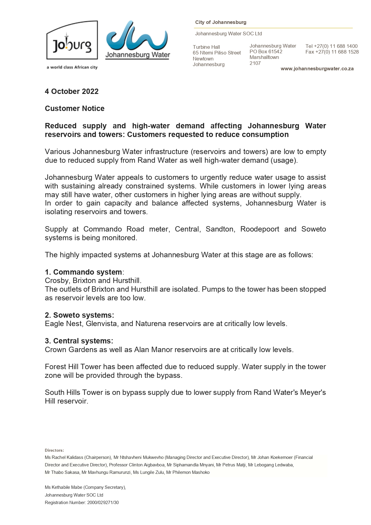 Johannesburg Water on Twitter "JoburgUpdates Reduced supply and high