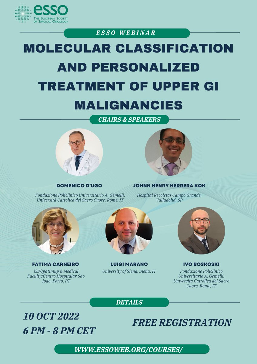 Hope to see you all at the next ESSO Webinar on Molecular classification and personalized treatment of upper GI malignancies, 10 Oct 2022, 6-8pm CET @ESSOnews #oncology #Uppergi