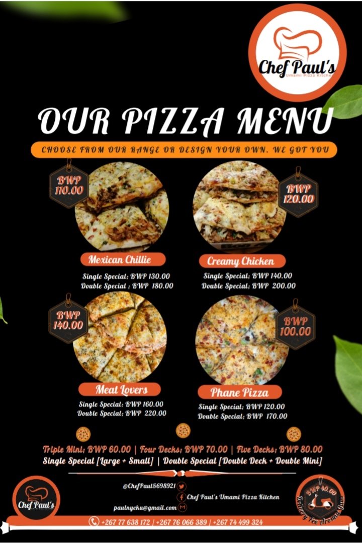 Today it's chooseday we chose any 3 customers who buy or large pizza and we get them the free large pizza just call and place your order and you might walk away with an amazing product
Call and place your orders
Chef Paul 77638172 or 74499324
Rozette 76066389