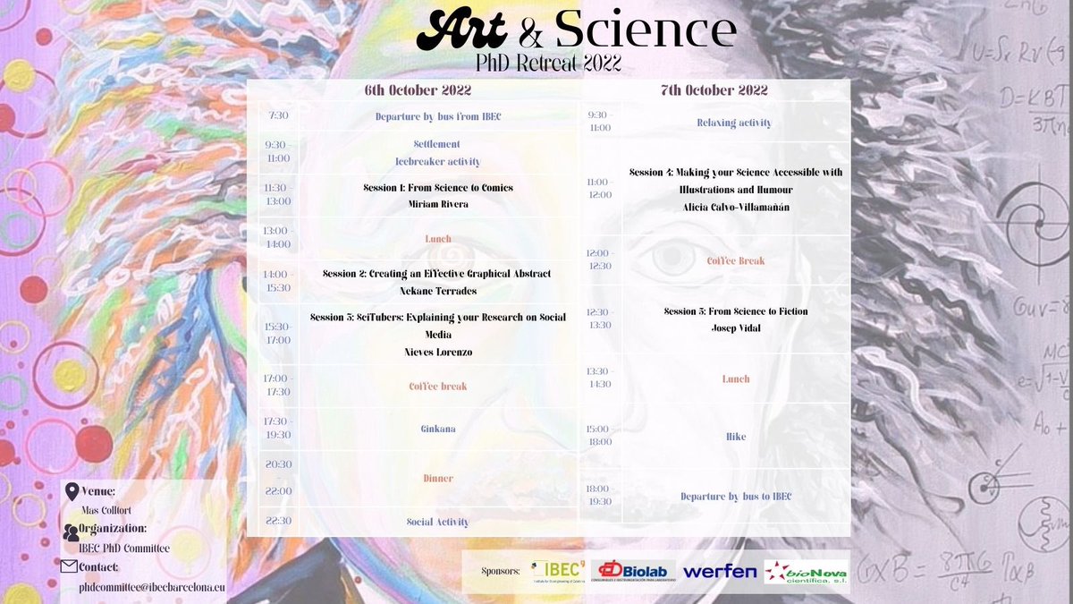 IbecPhd's tweet image. 📣Ready for the #PhDretreat??🧬🎨
Check out the program and the invited speakers. Very looking forward to this event 🌿
@miriamriig @nekane_terrades @nieves_logo 
#phdcommittee #artandscience
Thanks to ours sponsors: @IBECBarcelona @ddbiolab Werfen from @IzasaMedical @ebioNova