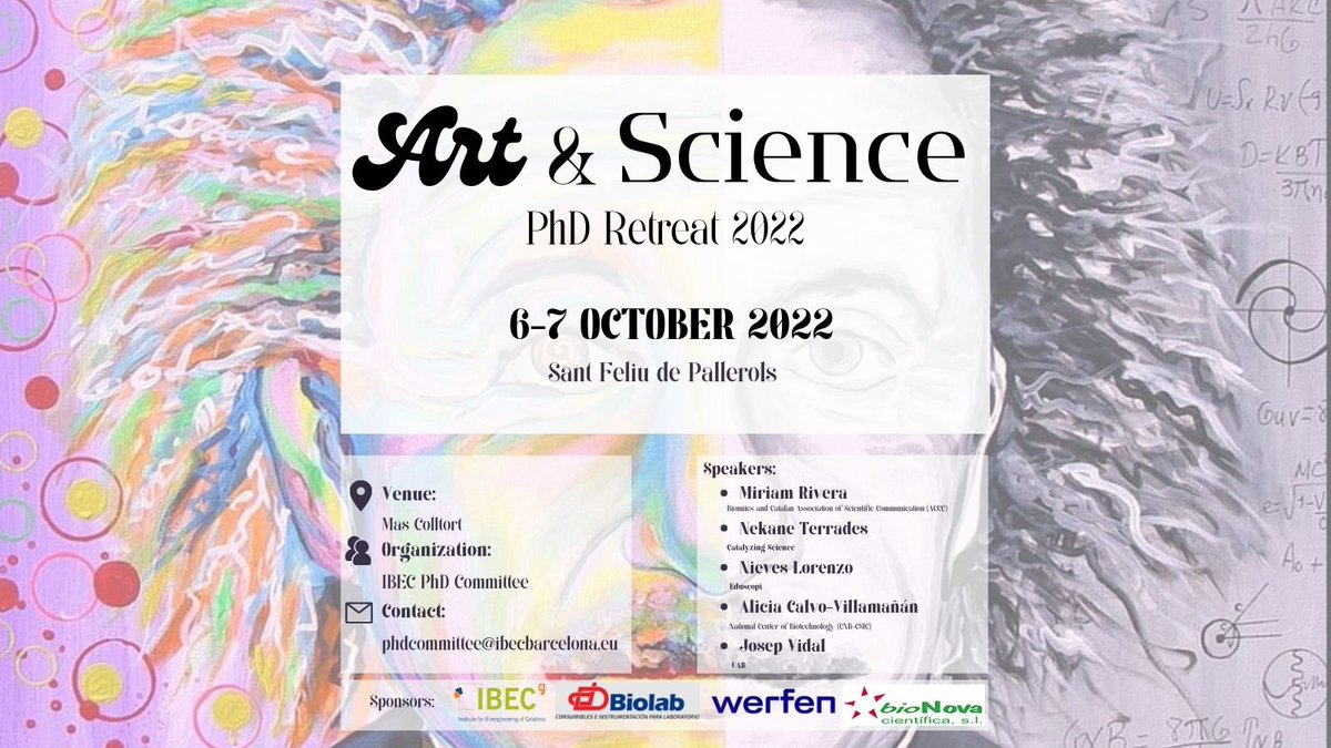IbecPhd's tweet image. 📣Ready for the #PhDretreat??🧬🎨
Check out the program and the invited speakers. Very looking forward to this event 🌿
@miriamriig @nekane_terrades @nieves_logo 
#phdcommittee #artandscience
Thanks to ours sponsors: @IBECBarcelona @ddbiolab Werfen from @IzasaMedical @ebioNova