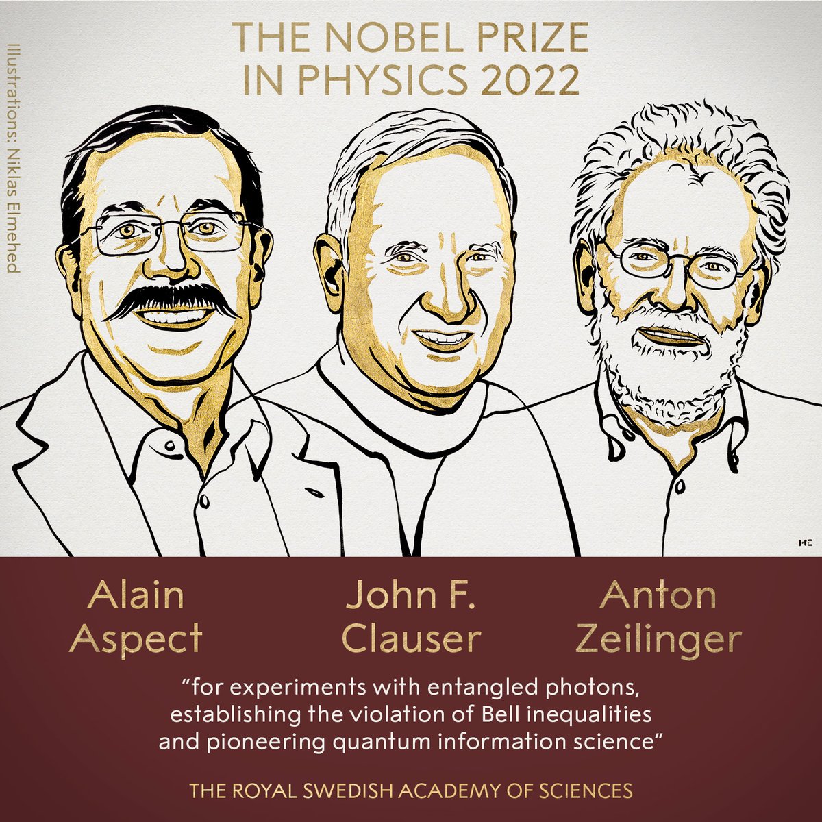BREAKING NEWS: The Royal Swedish Academy of Sciences has decided to award the 2022 #NobelPrize in Physics to Alain Aspect, John F. Clauser and Anton Zeilinger.