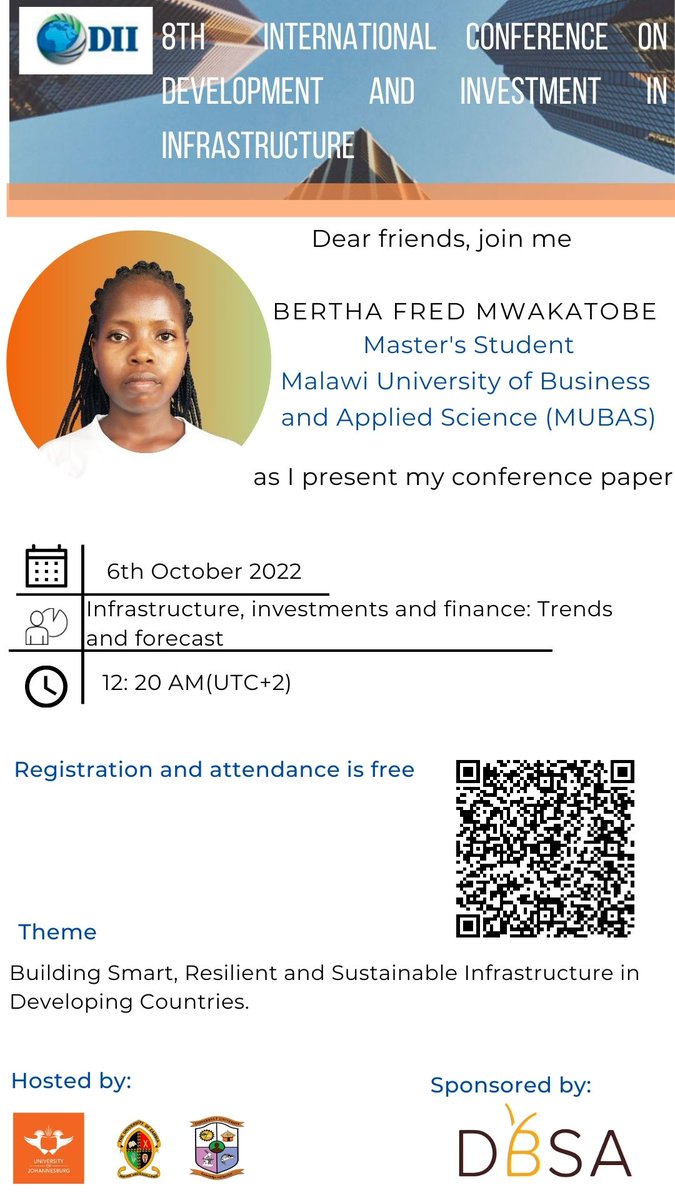 dii_Conference's tweet photo. It's 2 Days to #DII2022!
Join Bertha Fred Mwakatobe as she presents on "Challenges in Urban Road Maintenance in Sub-Saharan Africa: A scoping review and thematic analysis"
Register using the link below to join the conversation: https://t.co/SbDkzWBWzW
#AcademicTwitter https://t.co/EnYsAIDZLI