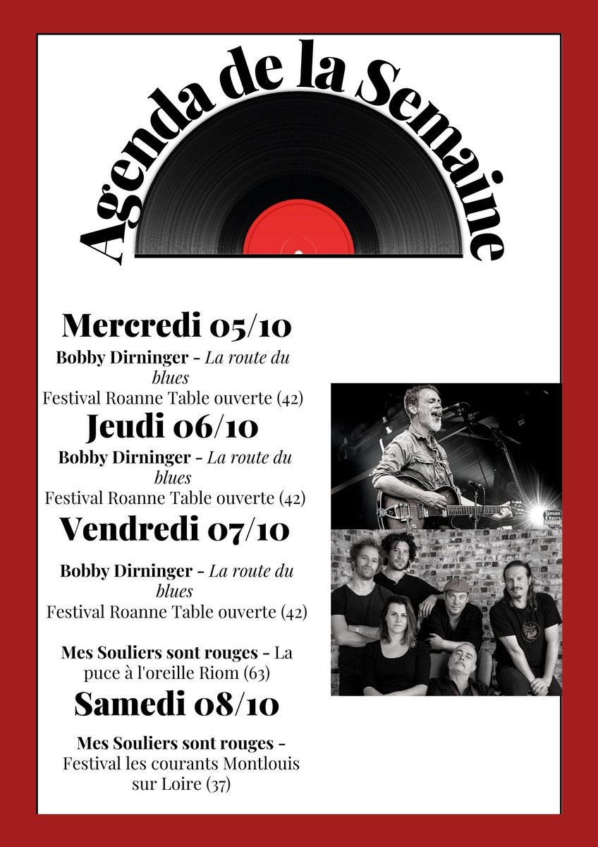 Retrouvez l'agenda de la semaine avec #MesSouliersSontRouges et #BobbyDirninger 

<a href="/LesCourants/">Les Courants, Musique Humour Liberté</a> #Roannetableouverte <a href="/LapuceALoreille/">La Puce A L'Oreille</a>