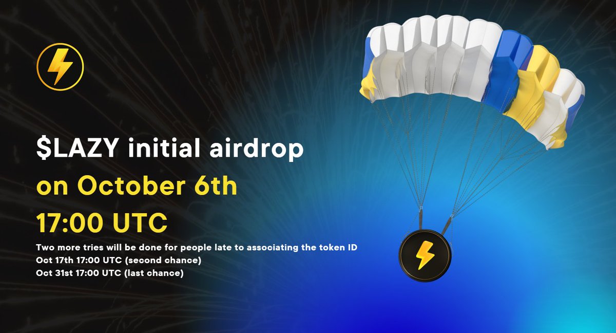 Initial $LAZY airdrop will happen at 1pm EST / October 6th⚡

If you hold <a href="/SuperheroesLazy/">Lazy Superheroes</a> <a href="/HashgraphC/">Hashgraph Cards</a> <a href="/hash_horses/">Hash Horses</a> <a href="/MeerkatsGang/">Meerkats Gang</a> <a href="/LSuperdogs/">Lazy Superdogs</a> and LSH Collab #HBAR NFTs you are eligible to get some #LAZY tokens*

🚨 Associate: 0.0.1311037 🚨

*Snapshot done on Sep 16th

#hederaNFT