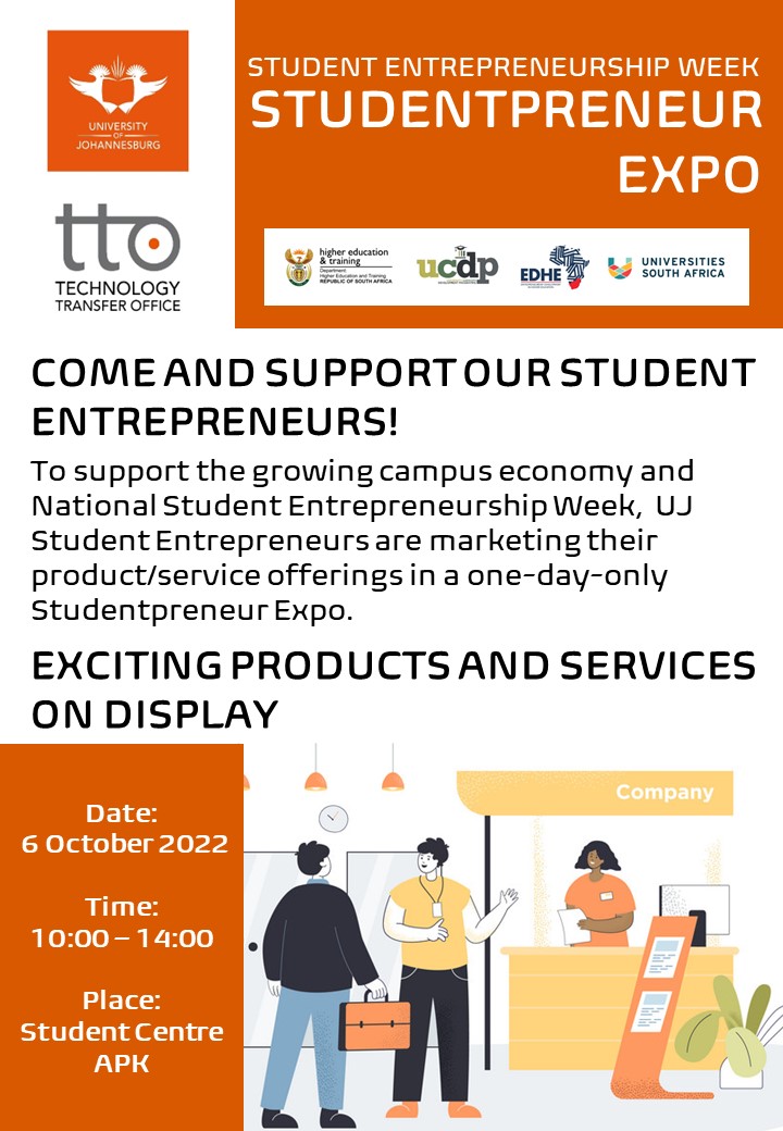 go2uj's tweet photo. Support our growing campus economy. Visit our Studentpreneur Expo on 6 Oct to see what exciting products and services our student entrepreneurs have to offer!
#SEW #UJTTO #EDHE #Studentpreneur https://t.co/i81RMCpvja