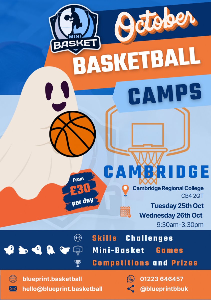 blueprintbbuk's tweet photo. BOO! 👻 Our Half-Term October Camp is now live for booking! 

📆 October 25th and 26th 
📍 Cambridge Regional College. 
⏱ 9:30-3:30

Bonus offer! 🎊 The first 5 to book will get a special discount! Ask your coach for the secret code! 

Book now!

https://t.co/L0dkTPMb4X 

🎃🏀 https://t.co/bgux2AB1Q8