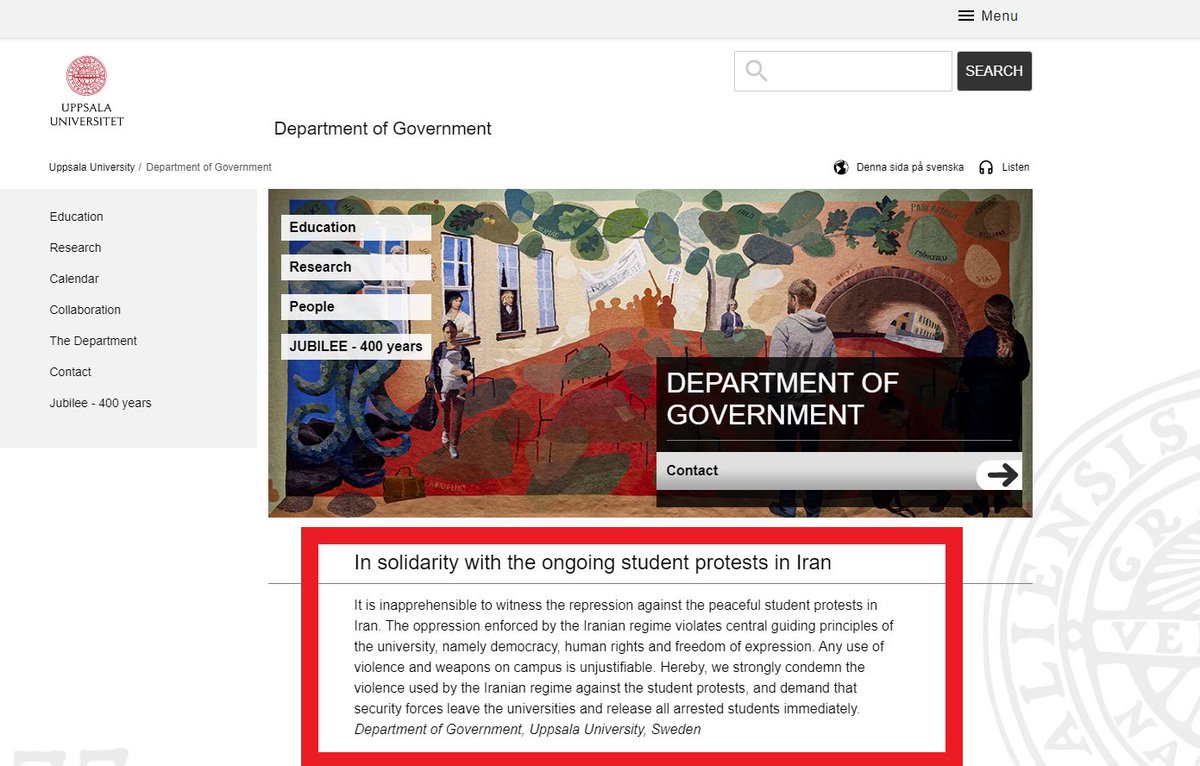 ShirinAOberg's tweet image. My department @UU_PoliSci just published a denunciation of the Iranian regime&apos;s violence &amp;amp; oppression against the student protests in Iran. We demand that security forces leave the universities &amp;amp; release all arrested students immediately. See our website: statsvet.uu.se.