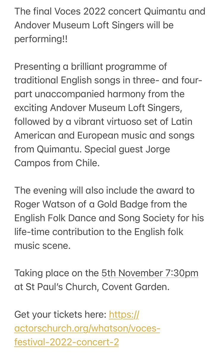 voceschilenas's tweet photo. The final Voces 2022 festival concert will be on Saturday 5th November 7:30pm at @actorschurch featuring Quimantu and the Andover Museum Loft Singers! 

Get your tickets for this fantastic concert here: https://t.co/H6PyuOAx0M https://t.co/07SVqh64Gn