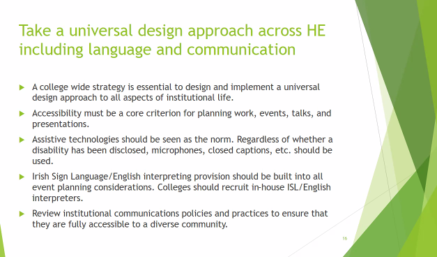BolandMairead's tweet photo. @mccartpm sets out practical steps for consideration by #HEIs in implementing a universal design approach to support disabled staff and learners. "Accessibility must be a core criterion for planning work, events, talks &amp; presentations." #AQAustria #EDIMeetUp https://t.co/Lz1OKw6xKd