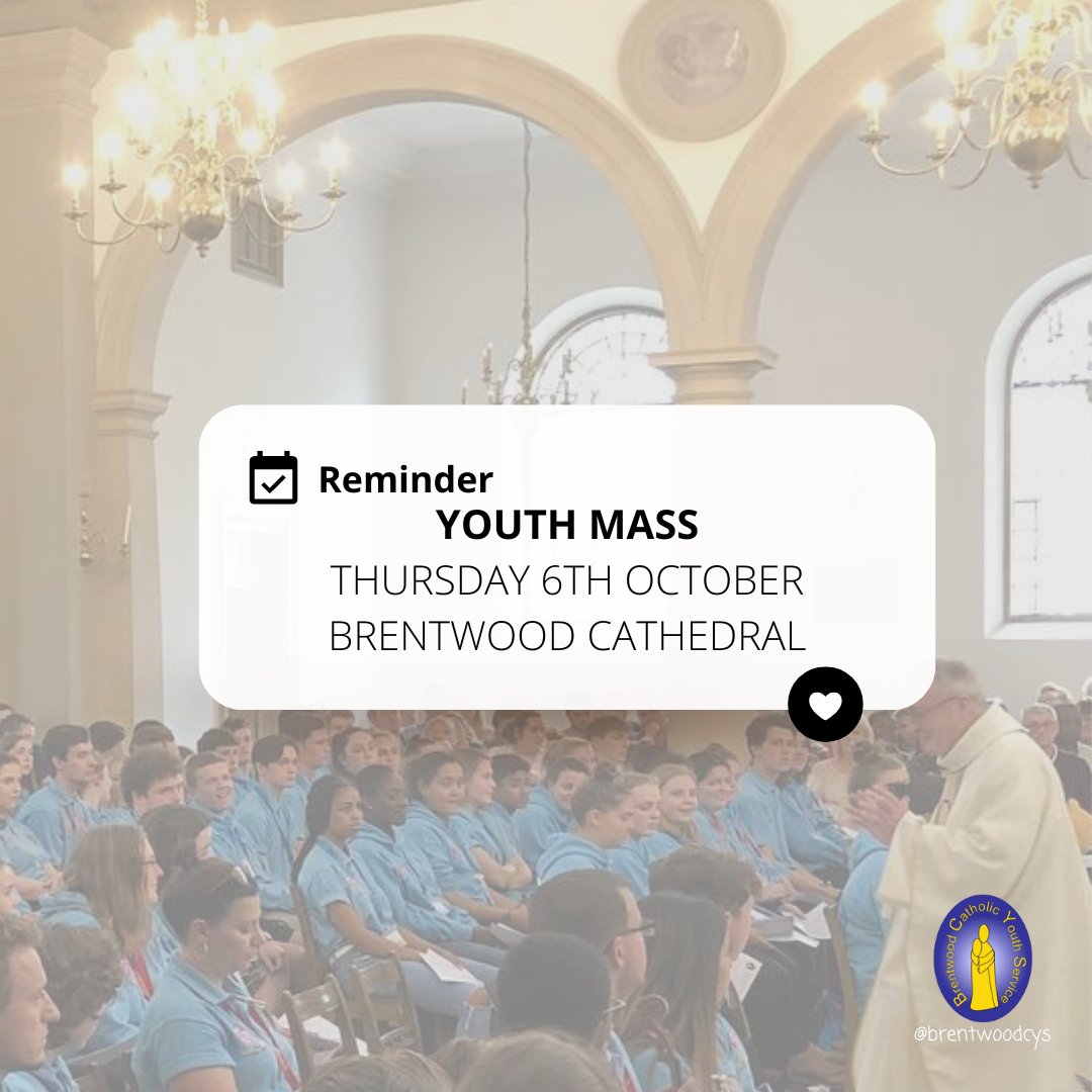 OCTOBER YOUTH MASS
THURSDAY 6TH OCTOBER
BRENTWOOD CATHEDRAL
with Fr Paschal Uche, Matt and Laura Tisi and Sr Ann-Maris who will speak and answer questions on their own vocations.
And, of course, there will be pizza in the Parish Hall from 6pm!
Hope to see you there!