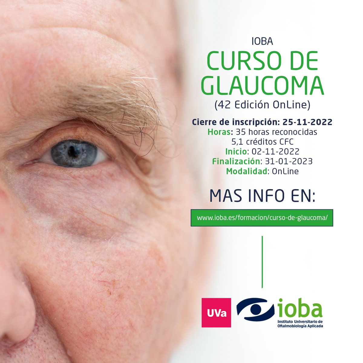 IobaUVa's tweet photo. Abierto el plazo de inscripción para nuestro #CursoDeGlaucoma. Un curso de formación continuada dirigida a Médicos Especialistas y Médicos Residentes en #Oftalmología que deseen actualizar sus conocimientos o profundizar en esta subespecialidad.
ℹ️ Info: https://t.co/mB7hnhwMzW https://t.co/YzEi8aP5qZ