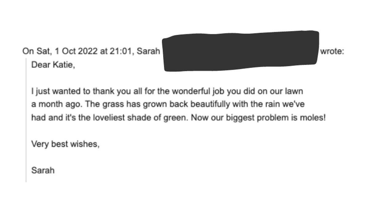 lawntigeruk's tweet photo. We have been working very hard here at Lawn Tiger on lawn renovations throughout September. 💪 One of our valued customers is already seeing the results from our Lawn Improver service (scarify, aeration and overseeding) and sent us this lovely email. 💚 https://t.co/DOm916iBRj