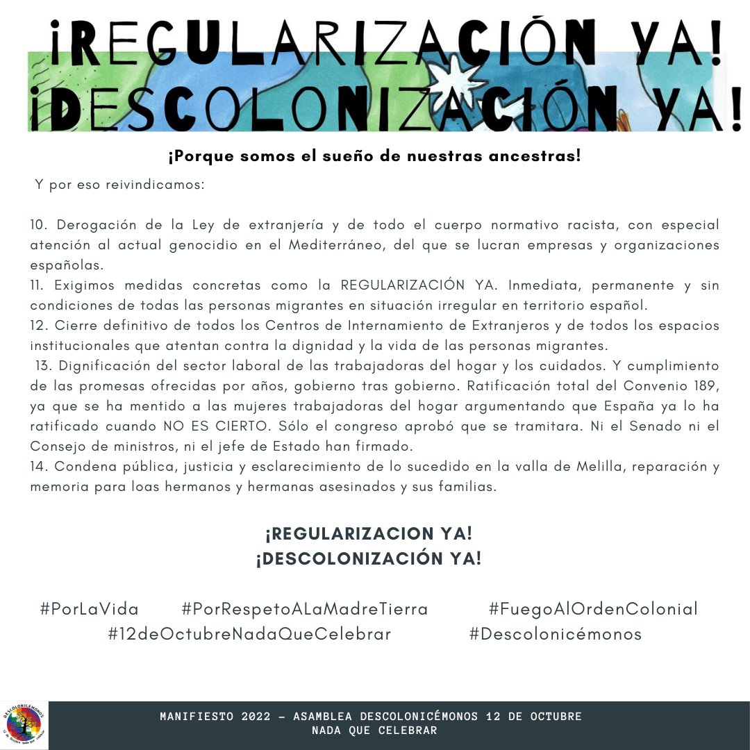 🐚📢🥁 Manifiesto #12deOctubreNadaQueCelebrar ¡SOMOS EL SUEÑO DE NUESTRAS ANCESTRAS! 🔥🌟🌈  
  
Aquí puedes firmar ➡️➡️➡️ bit.ly/Manifiesto12ON… 
 
🌬🌬🌬 ¡Compártelo!    
¡REGULARIZACION YA! 
¡DESCOLONIZACIÓN YA! 
#RegularizacionYa 
#FuegoAlOrdenColonial 
#Descolonicémonos