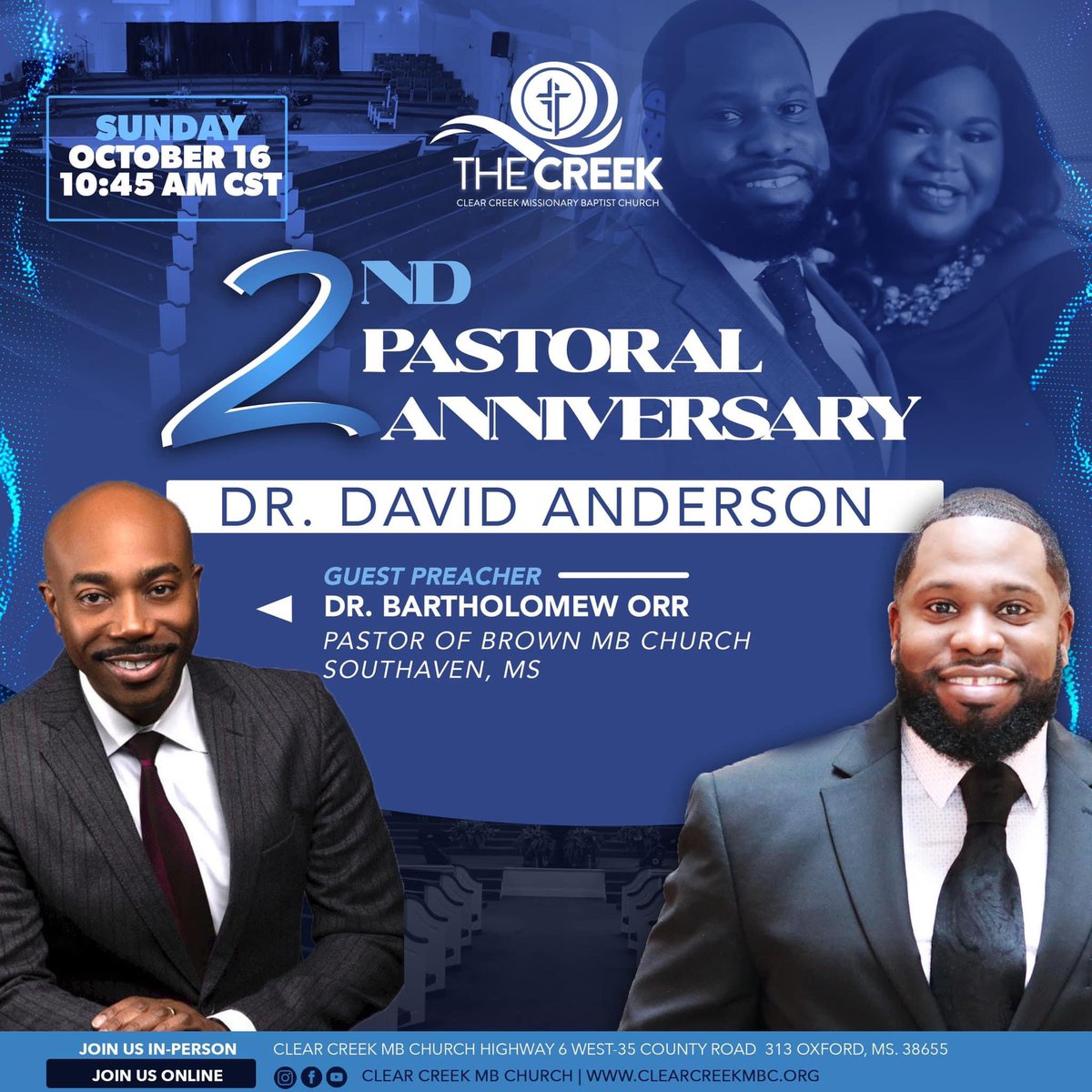 I am so excited. It’s been 2 years since the wonderful people at the Creek welcomed me and my family to this awesome fellowship. I am even more excited that my pastor Dr. Bartholomew Orr will be joining us this 3rd Sunday to help us celebrate what the Lord has done! #thecreek