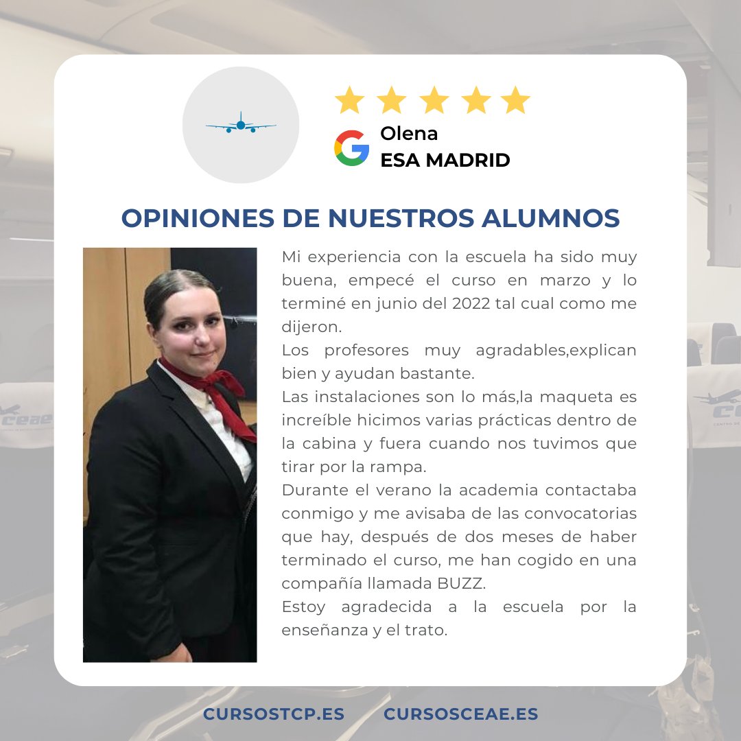 ESA_Madrid's tweet photo. Testimonio de OLENA, alumna de #Madrid, tras realizar el #cursoTCP en nuestro centro. ¡Gracias! #Nosvemosvolando https://t.co/3Yv9umQJwi