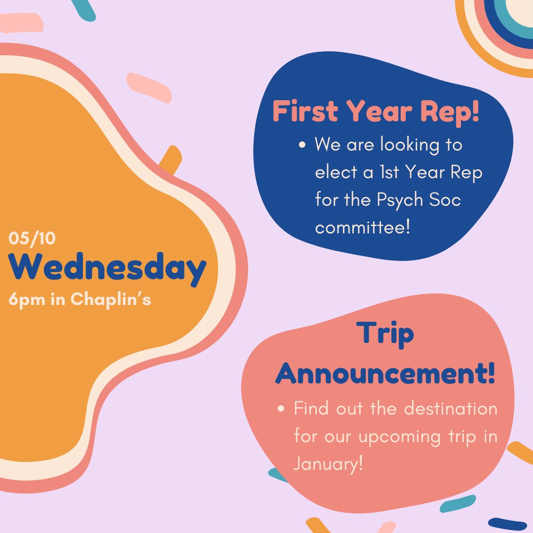 Psych Soc is back this week! Join us in Chaplin's on Wednesday the 5th at 6pm where we will be electing a new First Year Rep for the committee, as well as announcing the exciting mystery location for our trip abroad in January! All are welcome 💃🧠