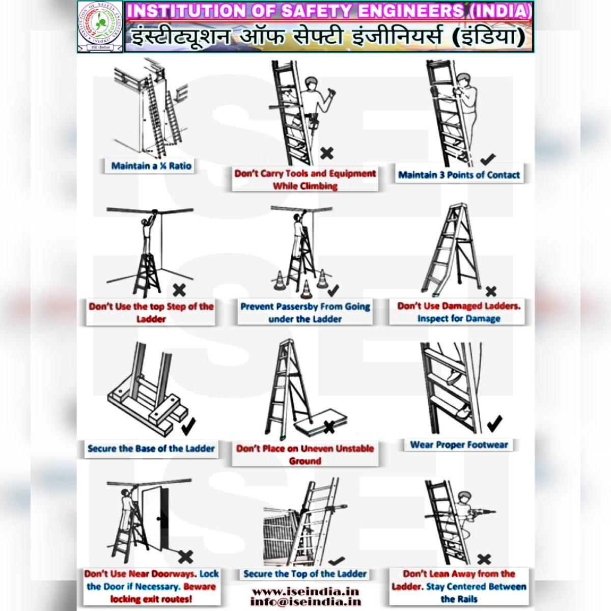 institutionofS1's tweet photo. #LadderSafety #SafeLadder
Ensure ladder safety through Do & Don't
#Do
๐ : https://t.co/QSeqkBxan5
#Ladder #LadderSafety #Do #Donโt #HeightWork #FallPrevention #Fallarrest #Safety #Health #Environment #ISEIIndia #ISEI https://t.co/kI0xSFtk25