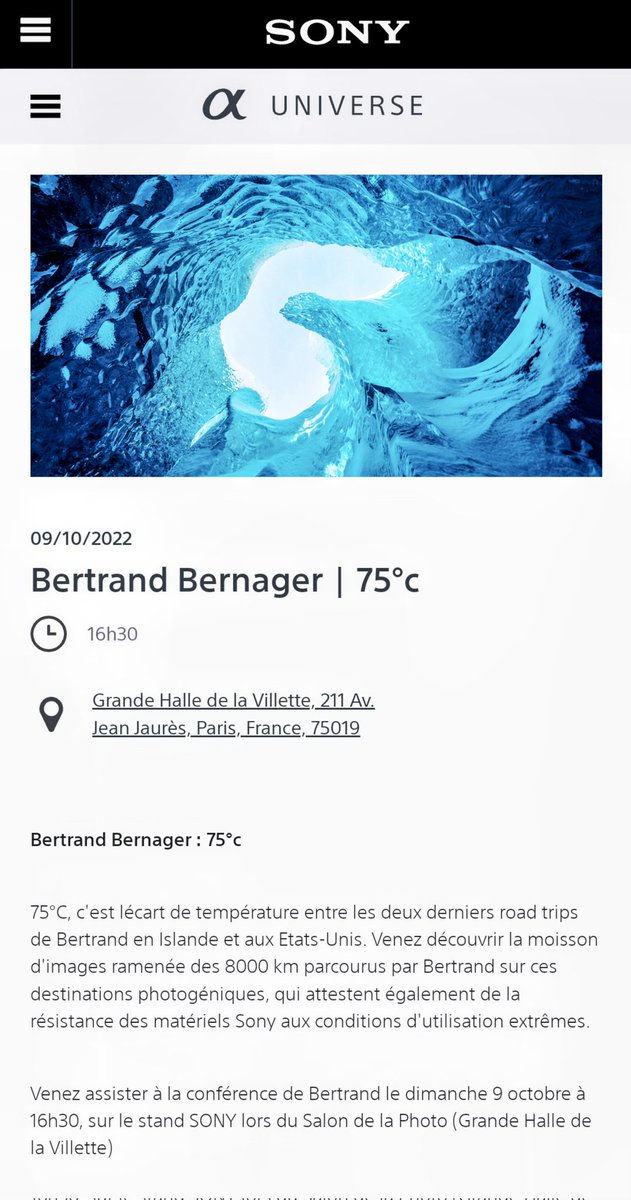 Ce dimanche à 16h30 je vous donne rdv sur le stand <a href="/SonyFrance/">Sony France</a> en conclusion du <a href="/SalonPhotoParis/">Salon Photo & Vidéo</a> pour assister à ma conférence "75°C": retour en images sur 8000 km de road trip entre l'Islande et l'Ouest Américain ! 📸
Ça se passe à la Grande Halle de la Villette, Paris 19ème