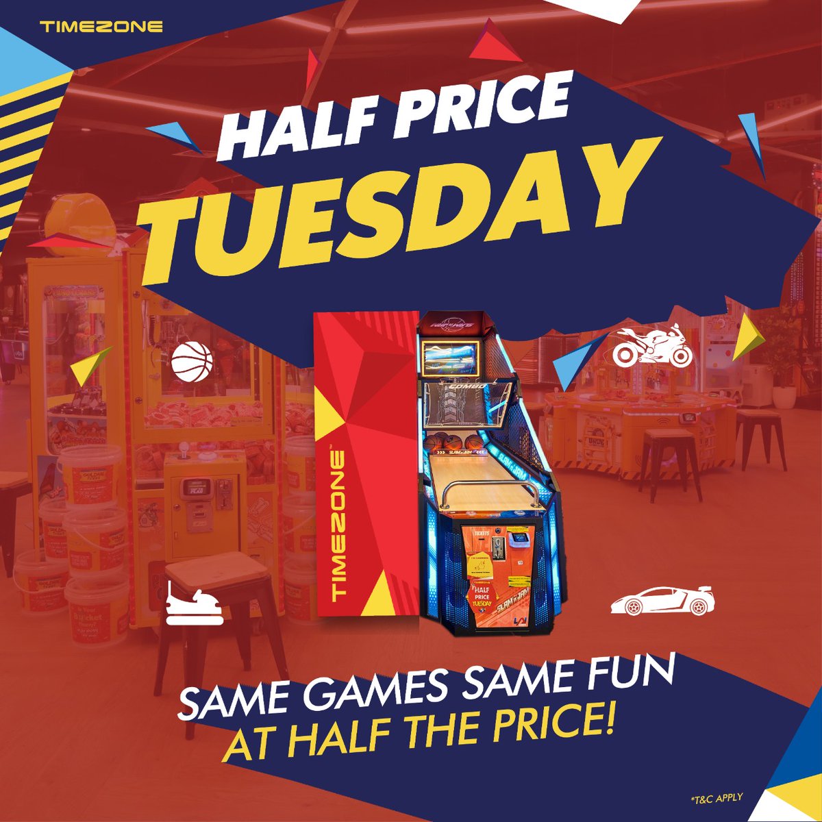 timezone_india's tweet photo. Who doesn't want Tuesday Treats? ๐คฉ When you get more games, more fun at half the price! ๐ค Go avail our HALF PRICE TUESDAY offer at your nearest Timezone venue now! ๐
#Timezonegames #HalfPriceTuesday #Tuesday #Offer #VideoGames #Games #Gaming #Gamezone #ArcadeGames #Fun https://t.co/G4y6kDHpJb