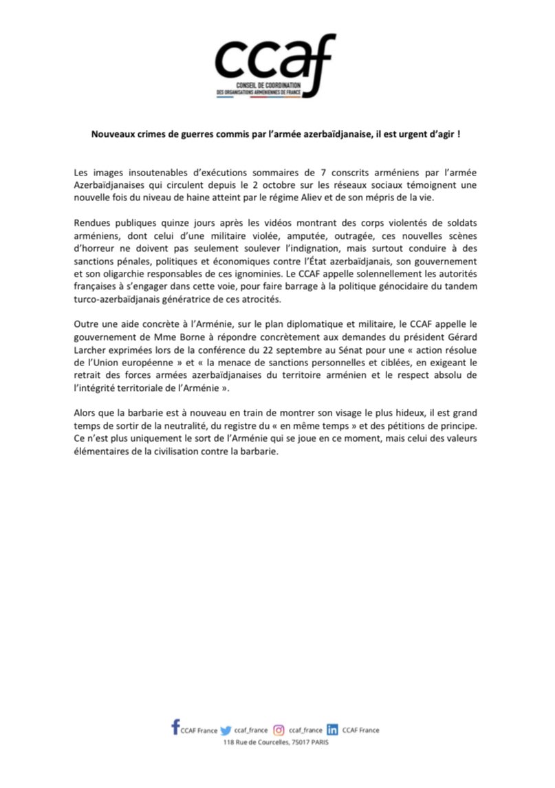 ccaf_france's tweet photo. Rendues publiques 15 jours après les vidéos montrant des corps violentés de soldats arméniens, ces nouvelles scènes d’horreur ne doivent pas seulement soulever l’indignation, mais surtout conduire à des sanctions pénales, politiques et économiques contre l’Etat azerbaïdjanais. https://t.co/7Dphwwhlhf