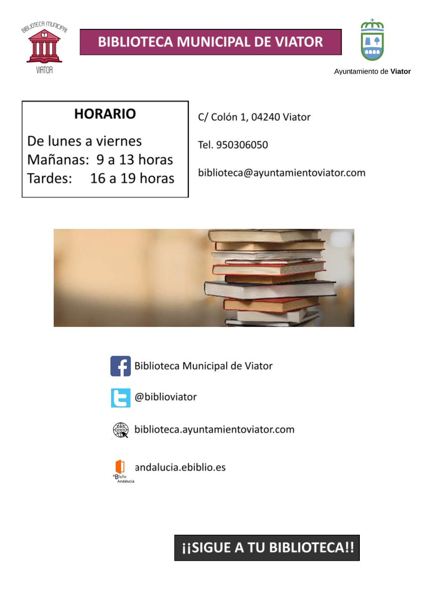 ⏰⏰ Horario Biblioteca Municipal de Viator: 

✅✅ Lunes a viernes de 09:00 a 13:00 y de 16:00 a 19:00

❎❎ Sábados, domingos y festivos: cerrado. 

#culturaviator
#ayuntamientodeviator 
<a href="/ManuelJAlcalde/">Manuel Jesús</a>
@culturaviator
@viatoraldia
