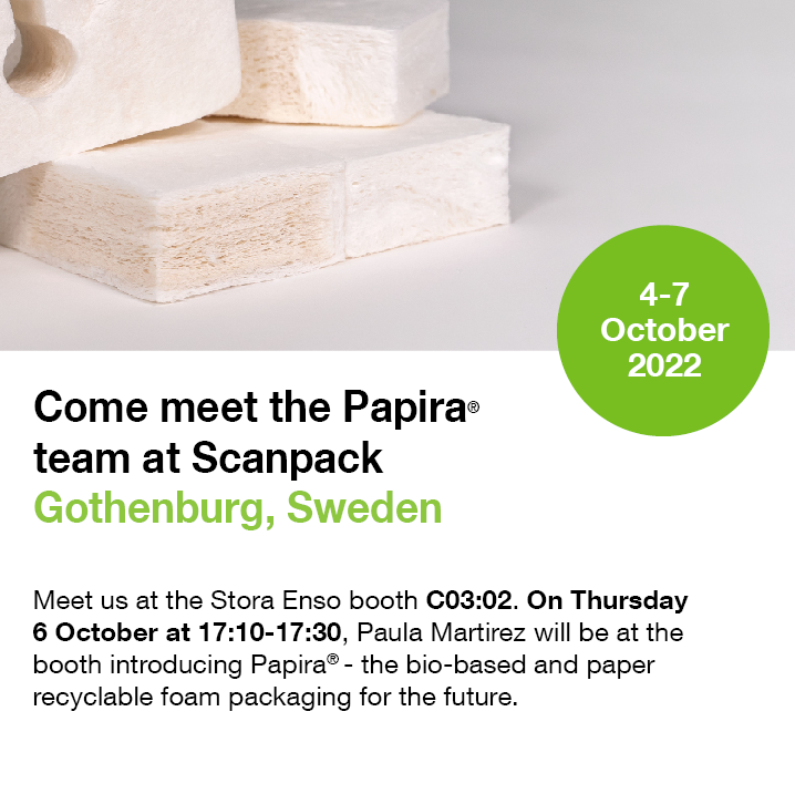 StoraEnsoBio's tweet photo. Packaging should be bio-based and recyclable, inside and out. Papira® by Stora Enso, our wood-based foam is featured at #Scanpack2022 this week. Come meet us at stand C03:02. For more information or to book a meeting with our teams, please visit: https://t.co/7GnXfwkRgG https://t.co/9a76dWM3xv