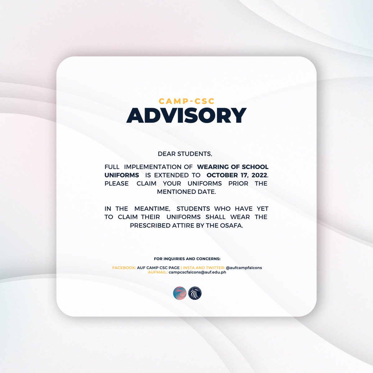 aufcampfalcons's tweet photo. [UNIFORM ADVISORY]

Dear CAMPers, please be advised.

Stay safe and God bless! https://t.co/TqFnJAhsMf