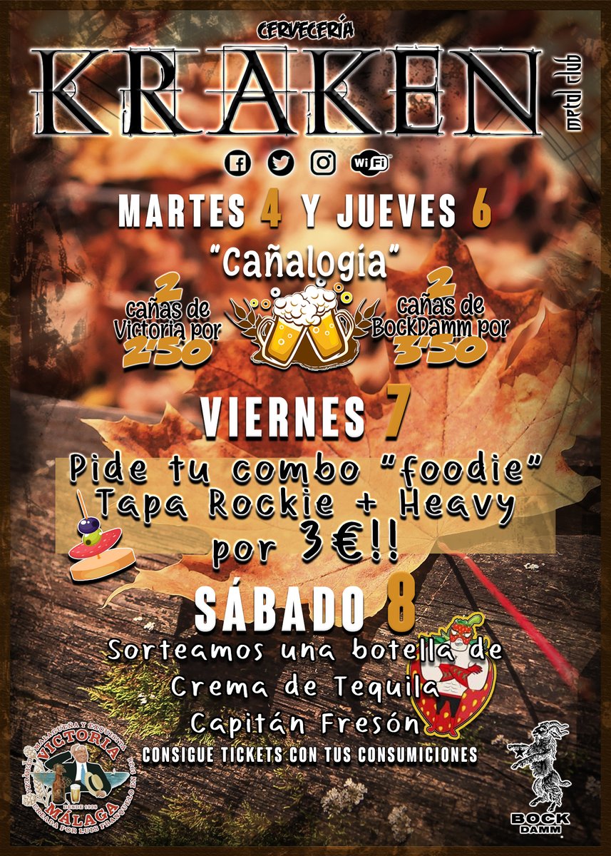 Buenas tardes, pulpillxs!
Esta semana arrancamos como siempre con nuestra cañalogía, para tanto martes como jueves.
El viernes 7, disfrutad de un combo "foodie". Una tapa Rockie, y otra Heavy, por solo 3€!!
Y el sábado, sorteamos una botella de crema de tequila "Capitán Fresón".